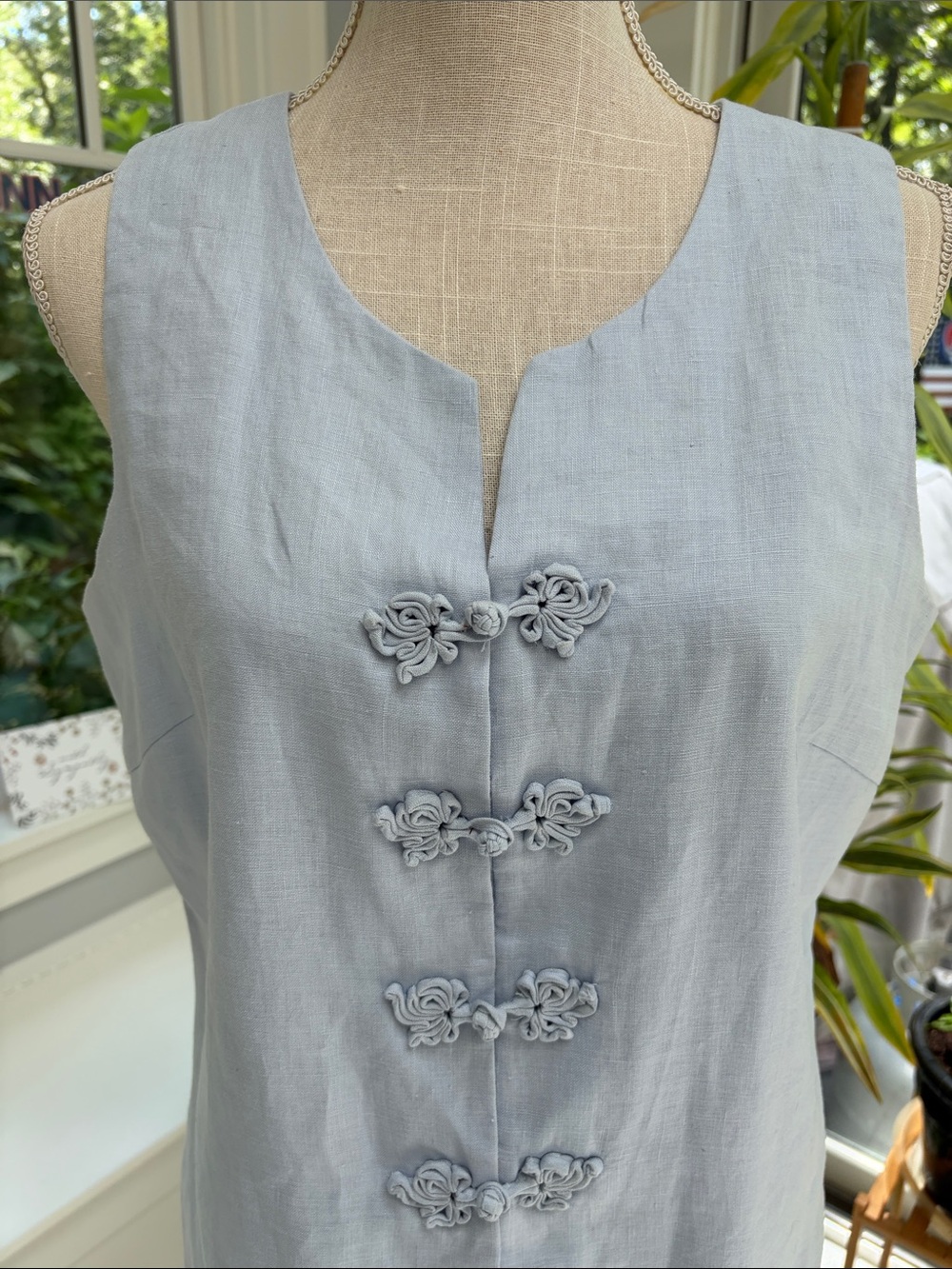 SilkLand 100% Linen Pale Blue Embroidered Camisole Vest - Picture 3 of 7